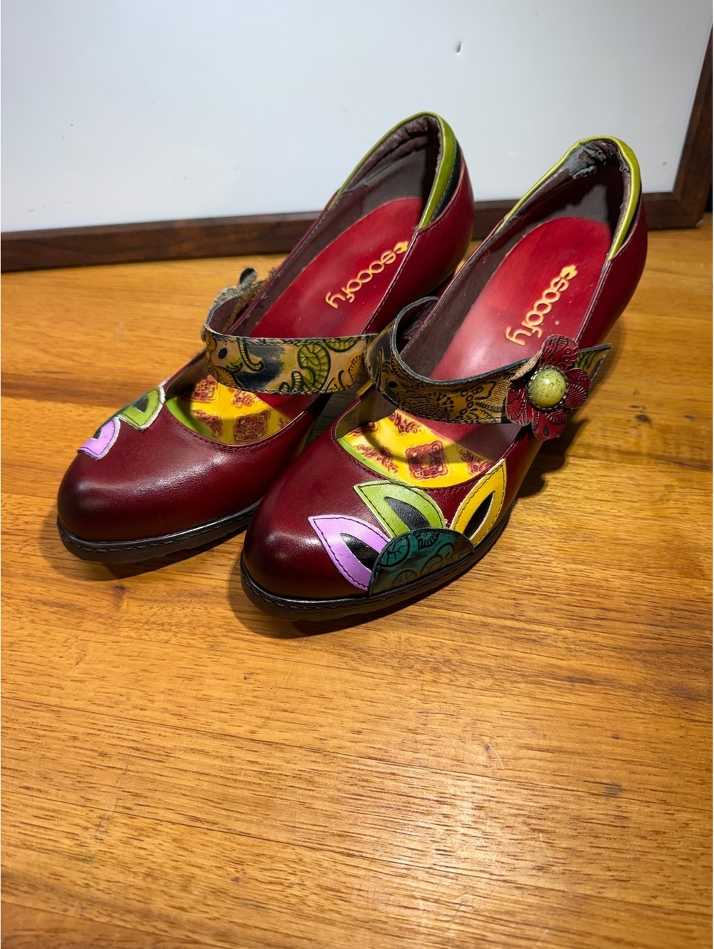 Socofy Retro Leather Mary Jane Pumps Floral Patchwork Boho Chunky Heels Shoes - Picture 3 of 8